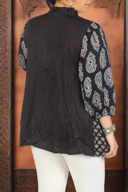 Black urban fusion ajrakh top