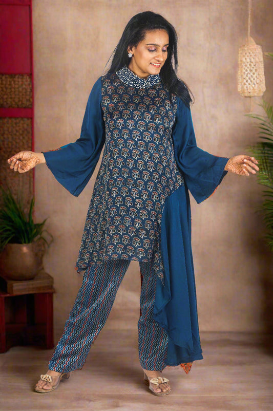 Royal blue charm ajrakh set with hand embroidered collar