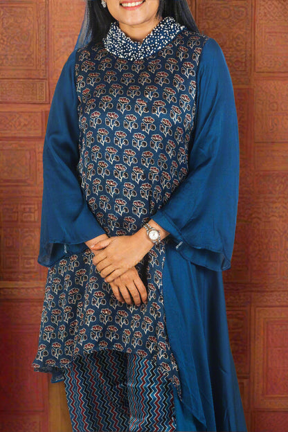 Royal blue charm ajrakh set with hand embroidered collar