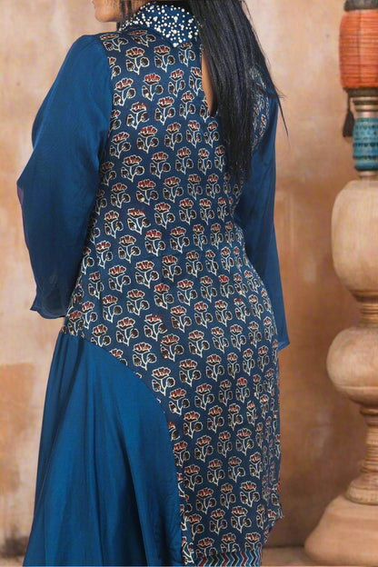 Royal blue charm ajrakh set with hand embroidered collar