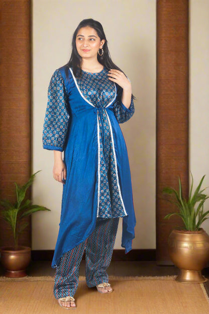 Blue Urban Bloom kurti with tie detailing & pant