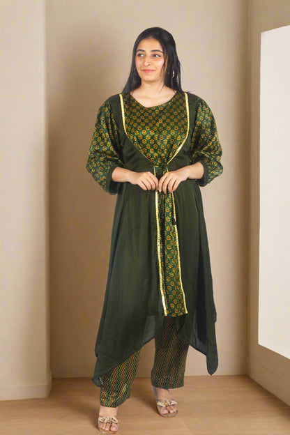 Green urban bloom kurti with tie detailing & pant