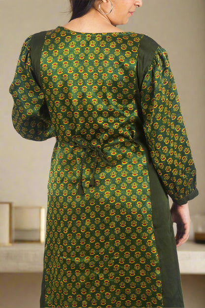 Green urban bloom kurti with tie detailing & pant