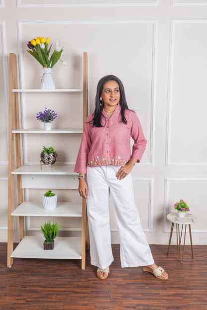 Rose pink hand embroidered linen top