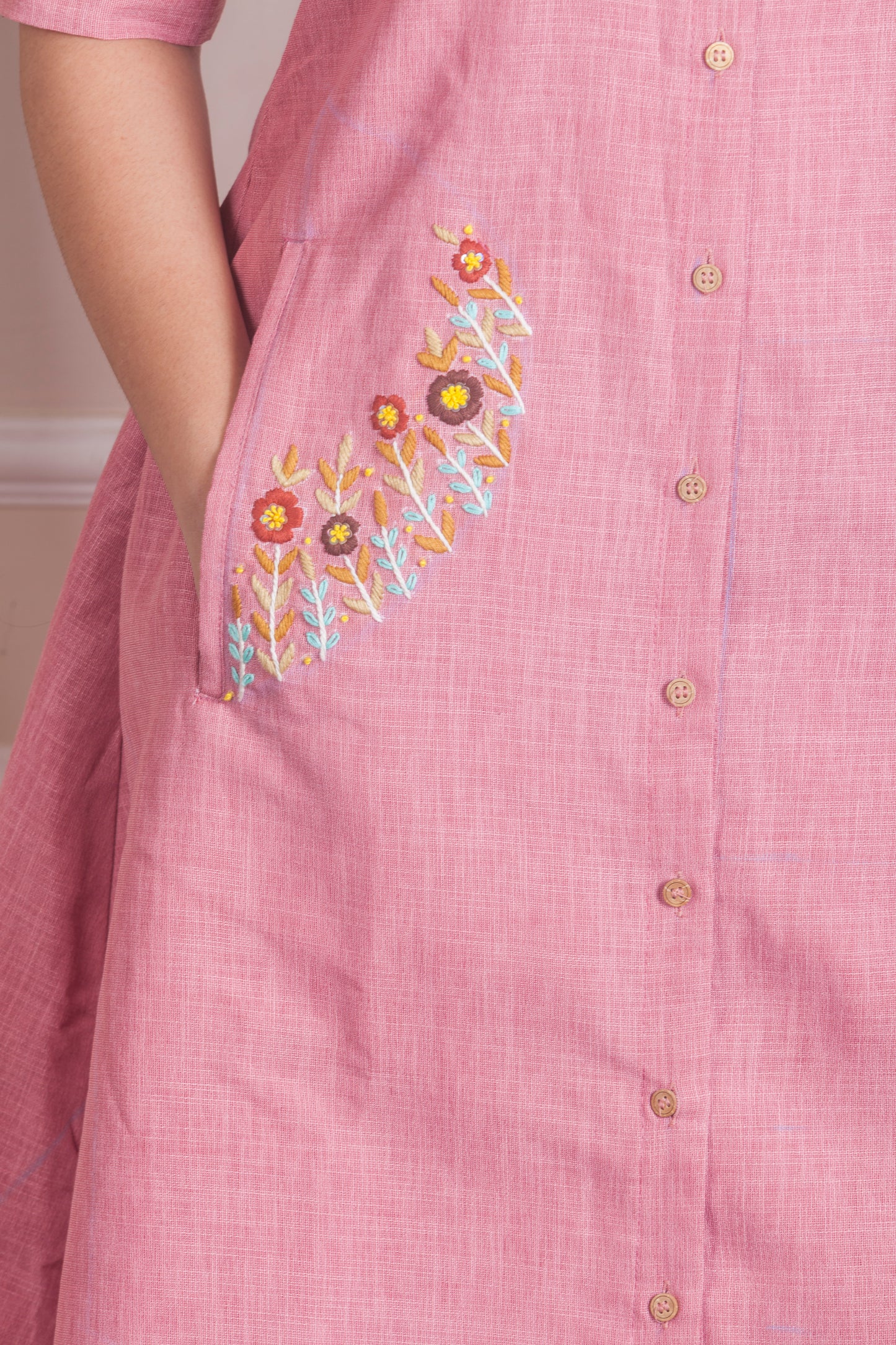 Dusty rose A-line dress with hand embroidered pockets