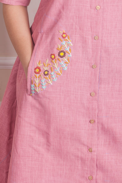 Dusty rose A-line dress with hand embroidered pockets