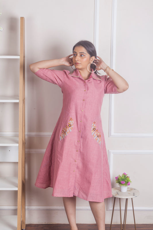 Dusty rose A-line dress with hand embroidered pockets