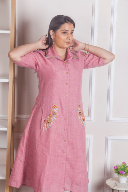 Dusty rose A-line dress with hand embroidered pockets