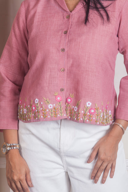 Rose pink hand embroidered linen top