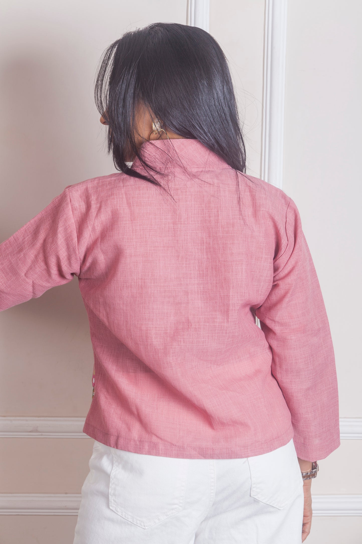 Rose pink hand embroidered linen top