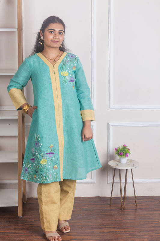 Aqua Green Hand Embroidered Kurti Set