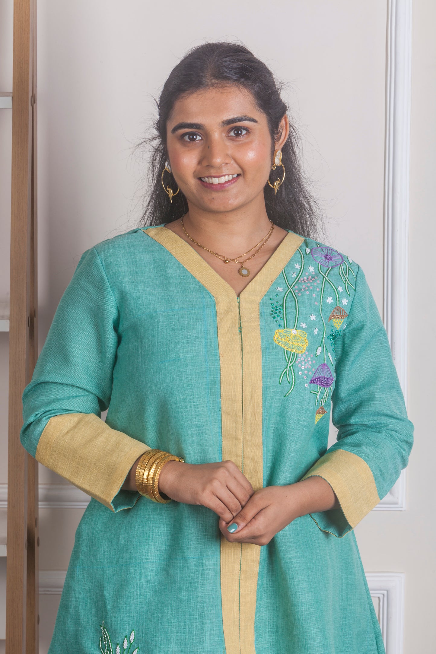 Aqua Green Hand Embroidered Kurti Set