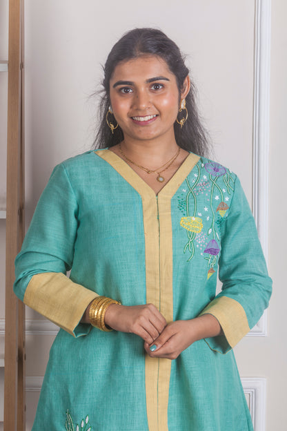 Aqua Green Hand Embroidered Kurti Set