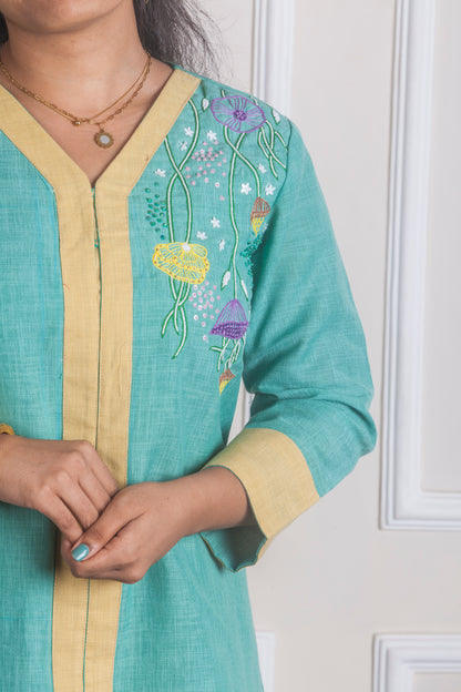 Aqua Green Hand Embroidered Kurti Set