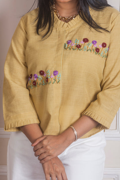 Yellow hand embroidered top