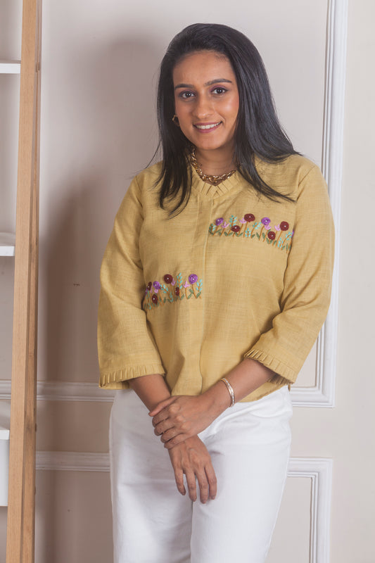 Yellow hand embroidered top