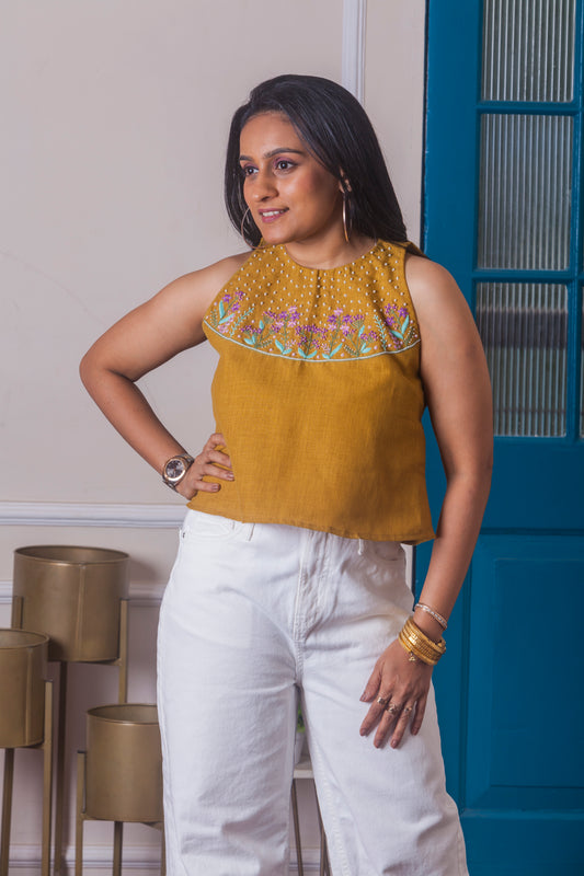 Mustard hand embroidered halter neck top
