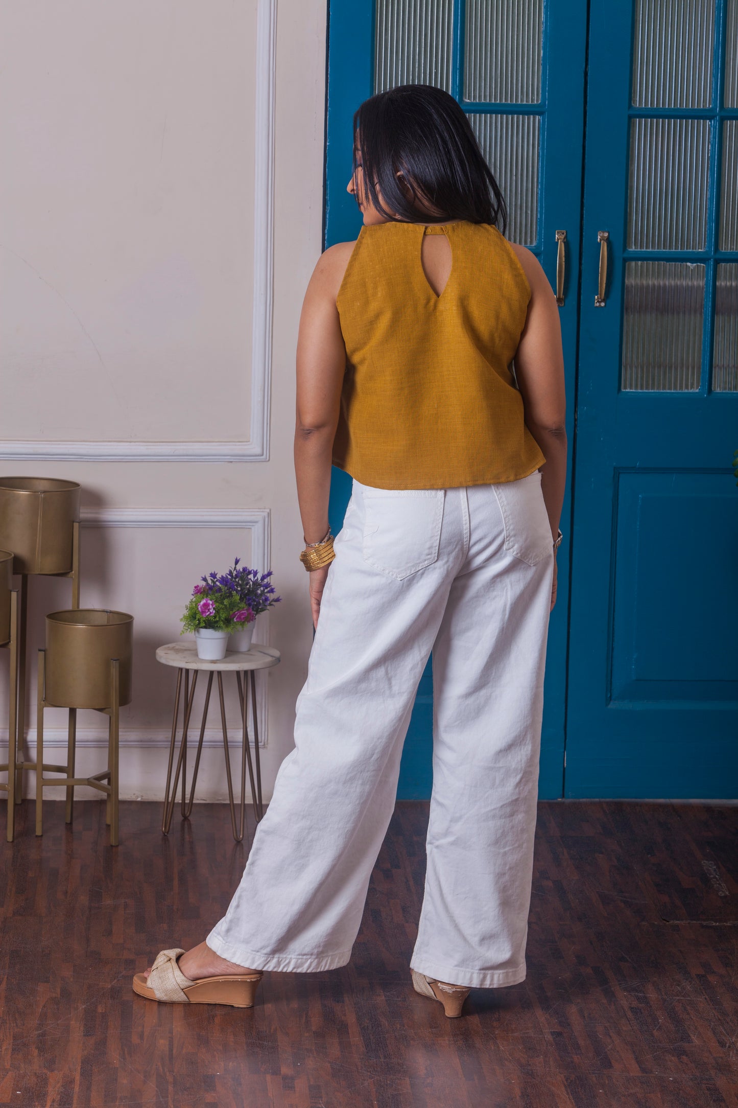 Mustard hand embroidered halter neck top