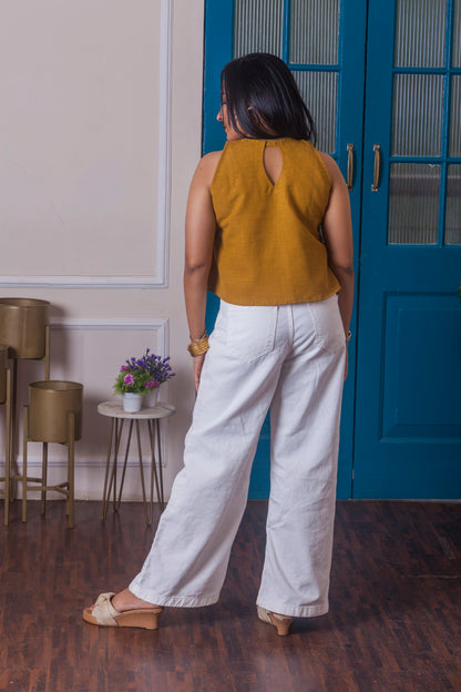 Mustard hand embroidered halter neck top