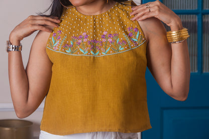 Mustard hand embroidered halter neck top