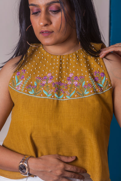 Mustard hand embroidered halter neck top