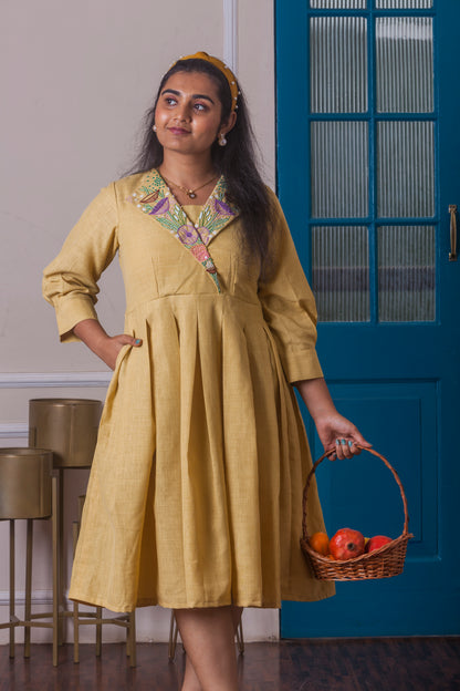Yellow box pleated dress with hand embroidered collar