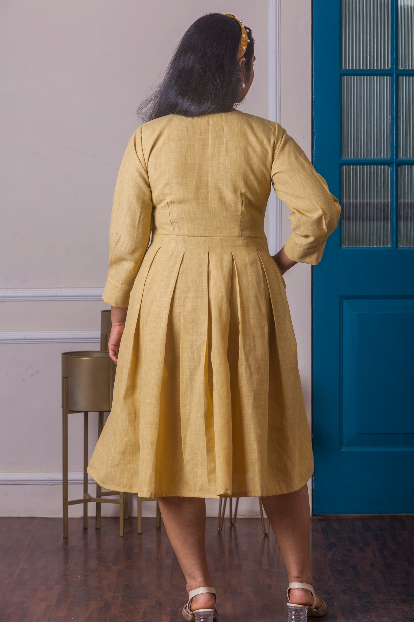 Yellow box pleated dress with hand embroidered collar