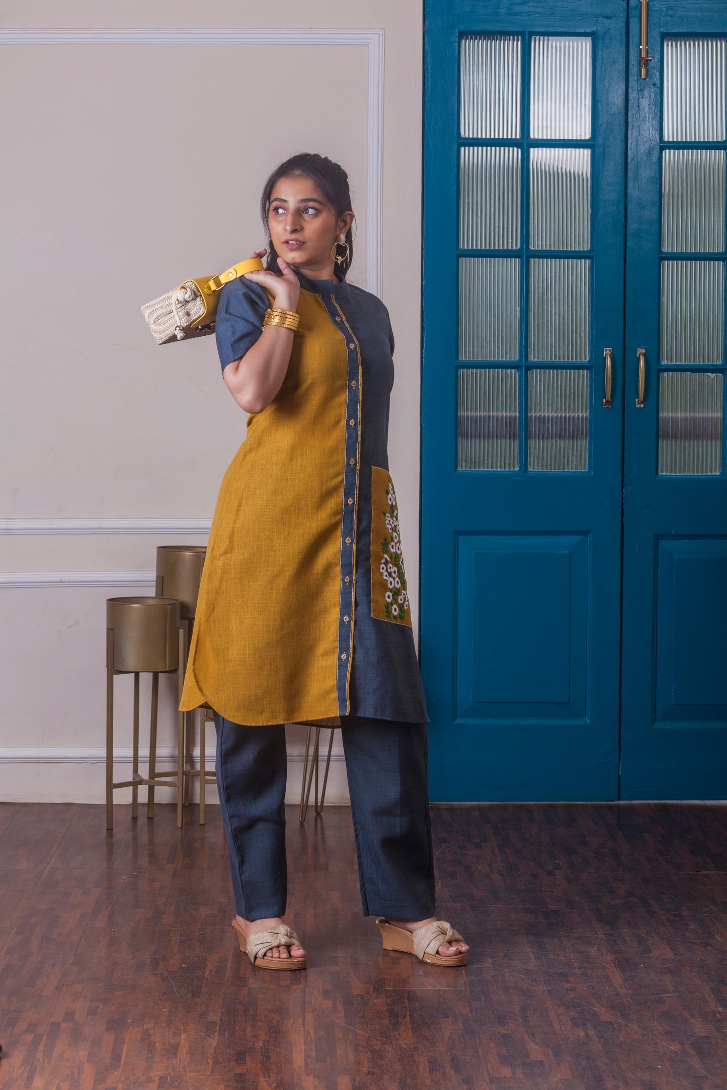 Indigo & Mustard Hand Embroidered Co-ord Set
