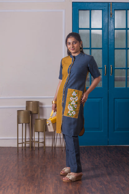 Indigo & Mustard Hand Embroidered Co-ord Set