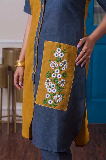 Indigo & Mustard Hand Embroidered Co-ord Set