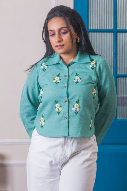 Mint green hand embroidered linen top