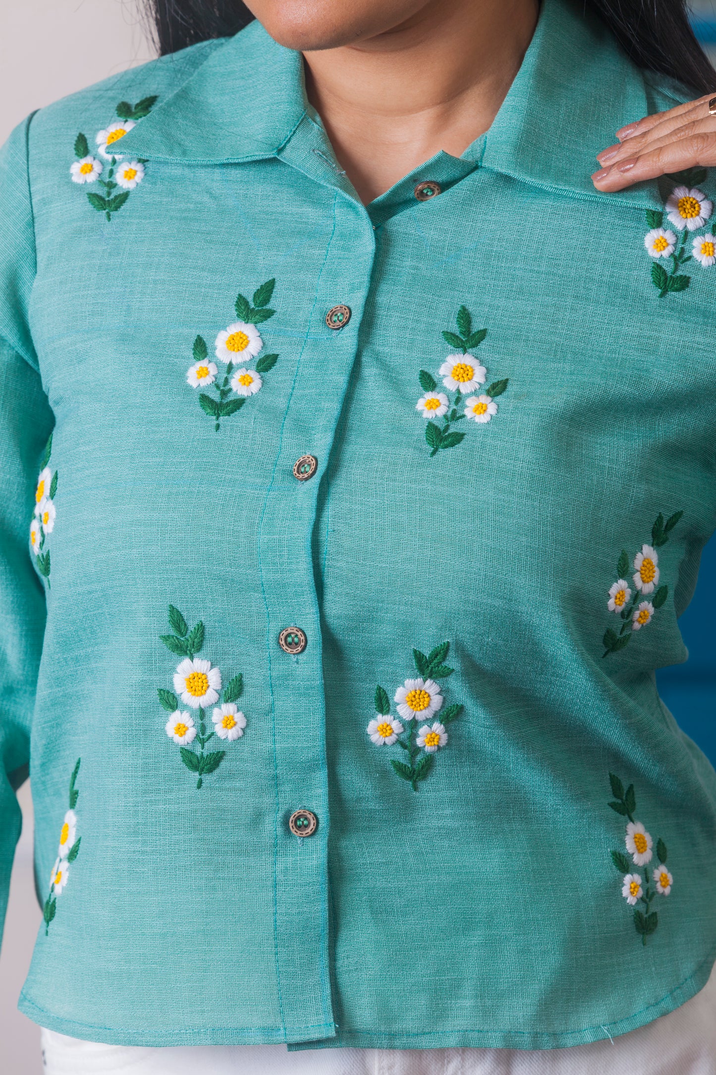 Mint green hand embroidered linen top