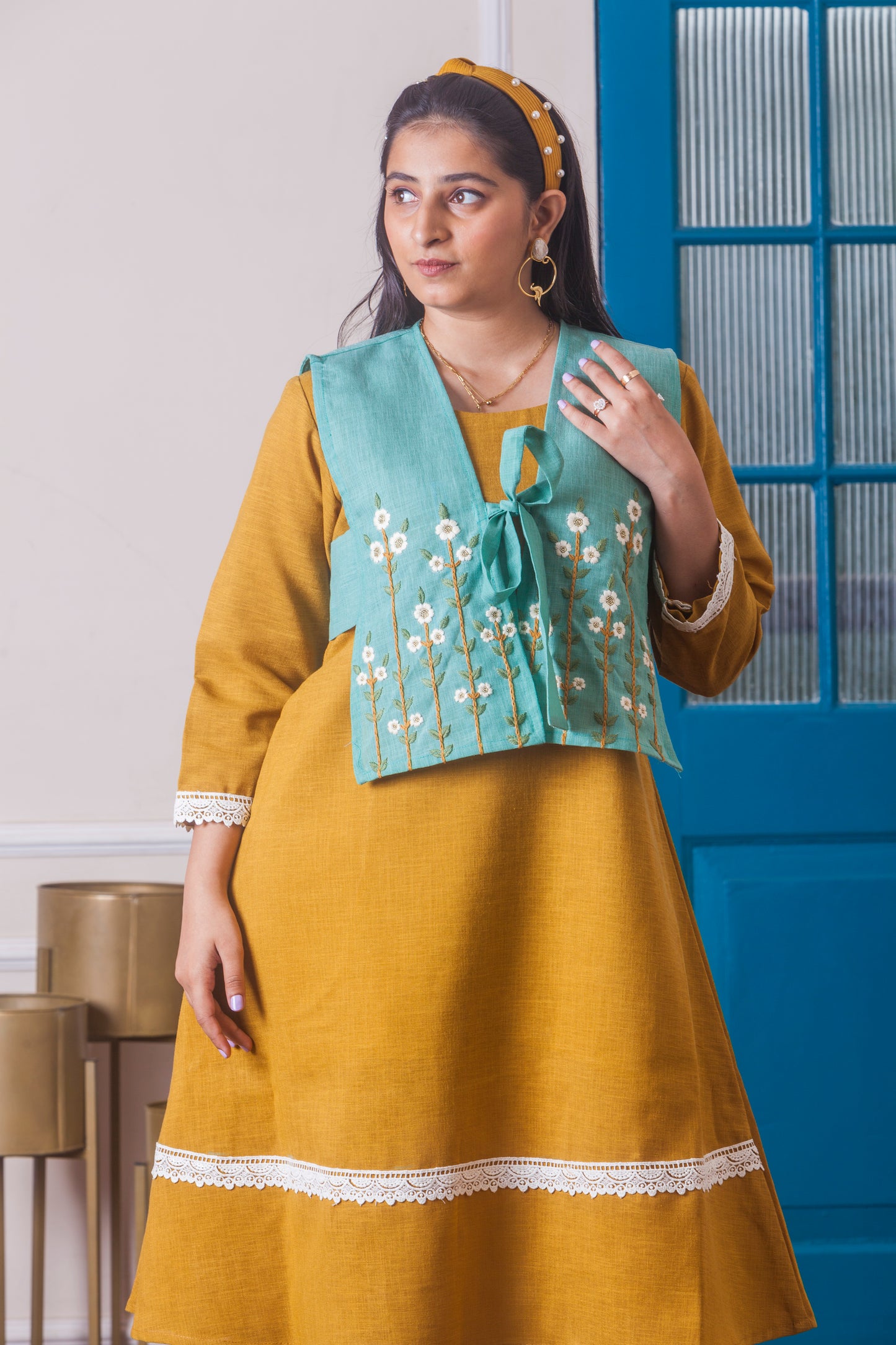Sun-Kissed Mustard Dress with Hand Embroidered Vest