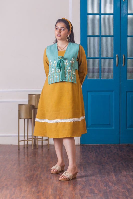 Sun-Kissed Mustard Dress with Hand Embroidered Vest