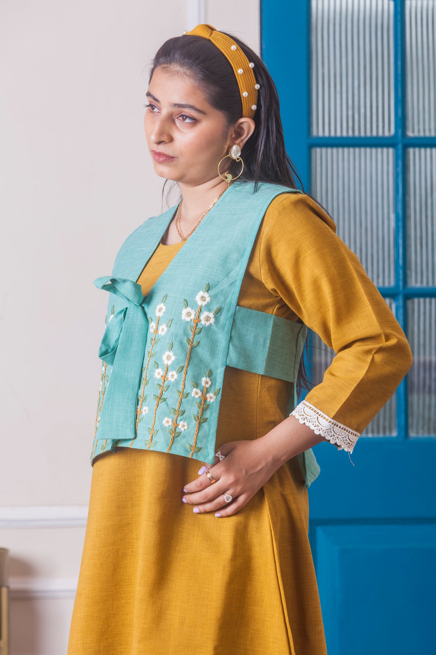 Sun-Kissed Mustard Dress with Hand Embroidered Vest