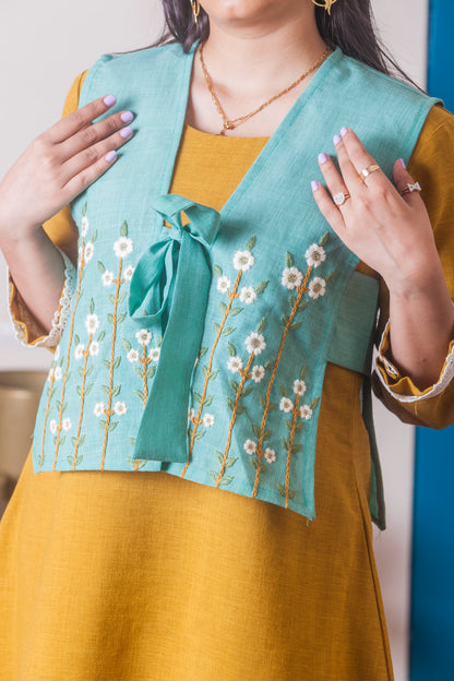 Sun-Kissed Mustard Dress with Hand Embroidered Vest