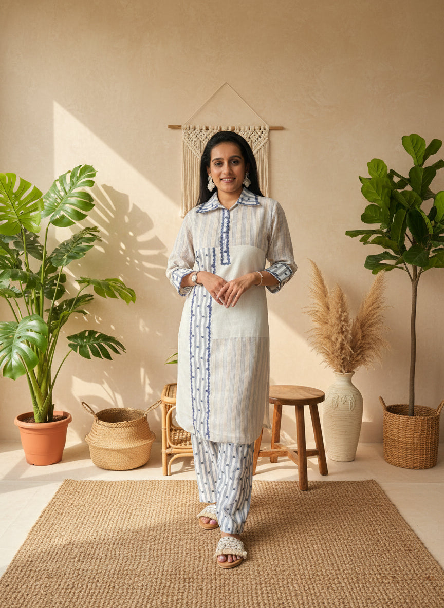 Ivory & Blue Striped Cotton Kurti Set