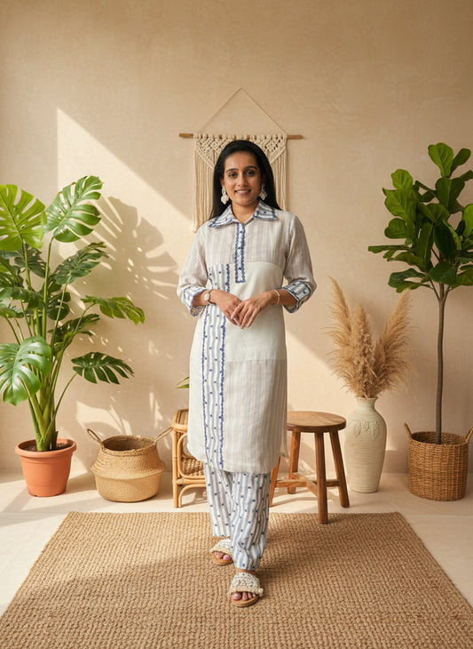 Ivory & Blue Striped Cotton Kurti Set