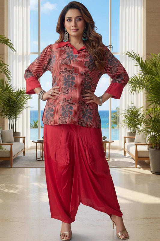Rust Red Printed Shirt Kurti with Drape Skirt
