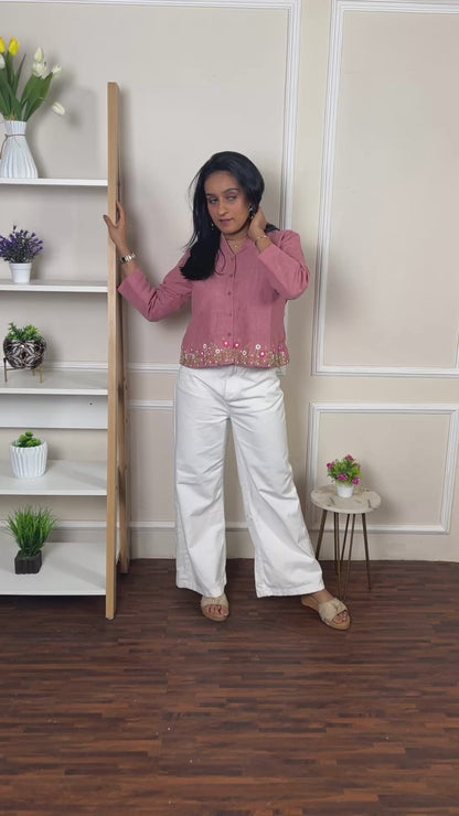Rose pink hand embroidered linen top