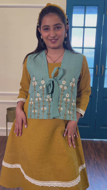 Sun-Kissed Mustard Dress with Hand Embroidered Vest