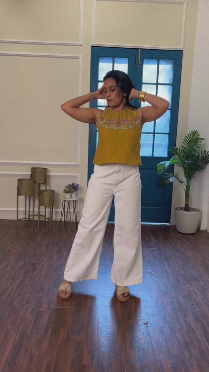 Mustard hand embroidered halter neck top