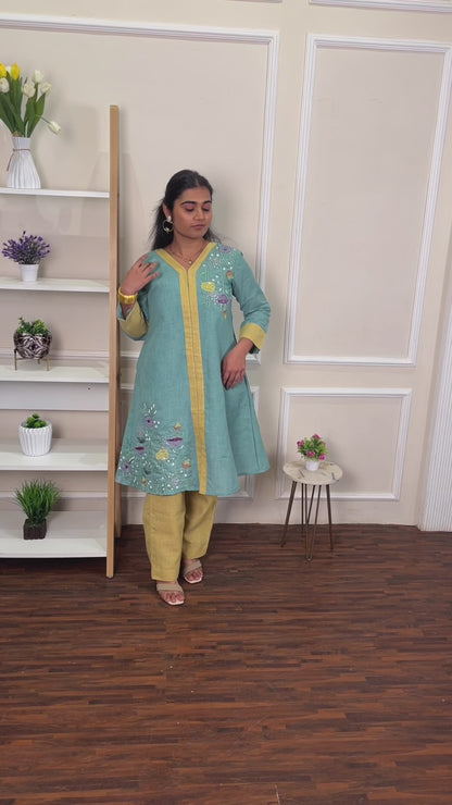 Aqua Green Hand Embroidered Kurti Set