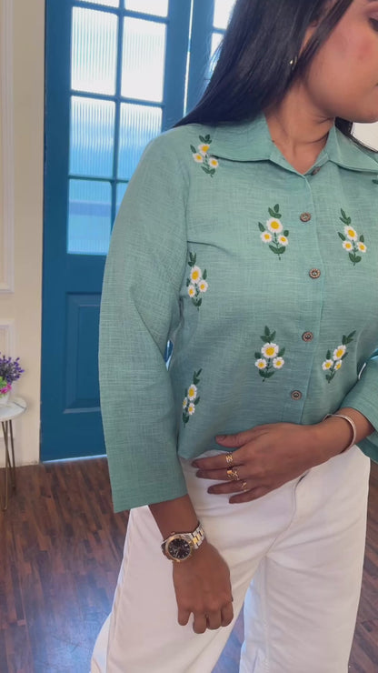 Mint green hand embroidered linen top