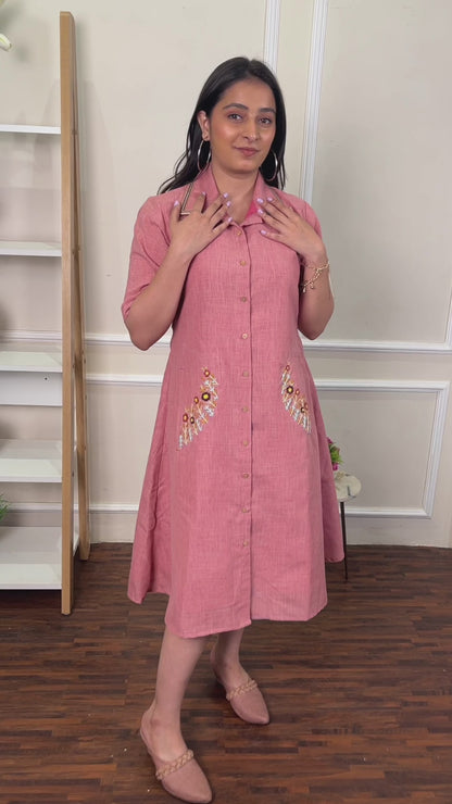 Dusty rose A-line dress with hand embroidered pockets